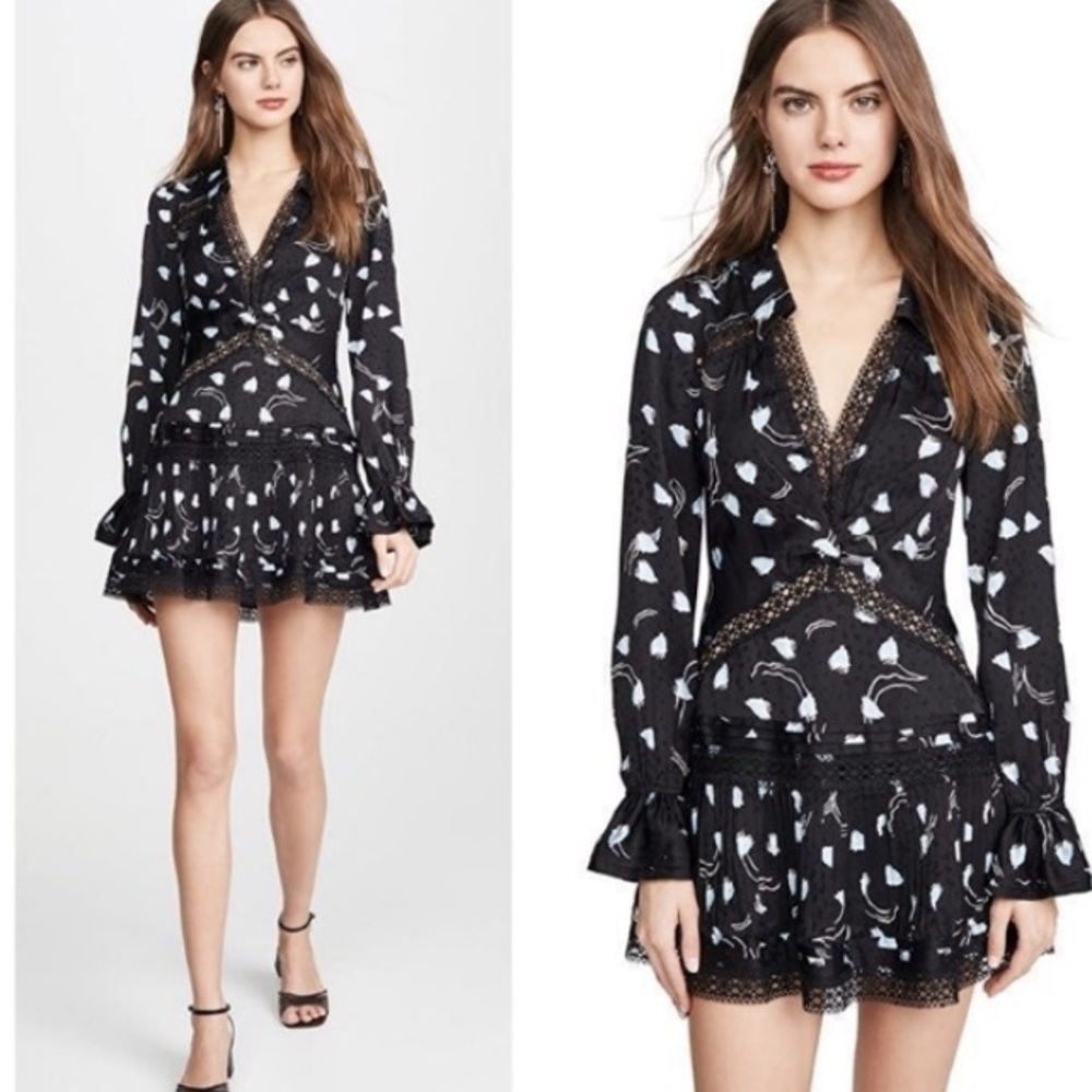 $450.Self Portrait NWT Black Abstract Geo Long Sleeve Ruffle Accent Mini Size 6